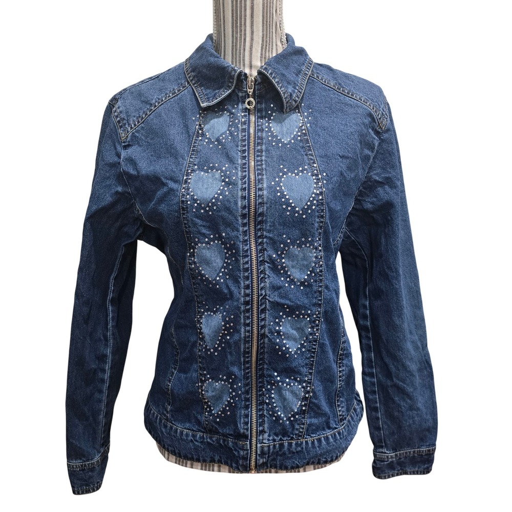 Cathy Daniels Denim Jean Jacket Rhinestone Heart Valentines Cottage Core Medium